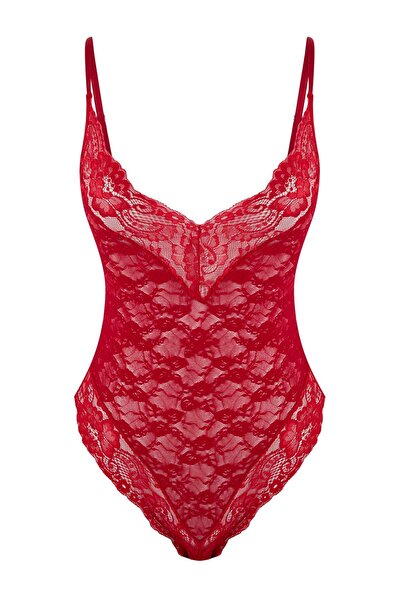 Trendyol Collection Roter Spitzen-Body ohne Kapsel THMSS26BD00003