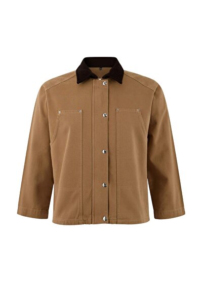 Trendyol Curve Camel Corduroy Collar Detaillierte Jeansjacke in Übergröße TBB...