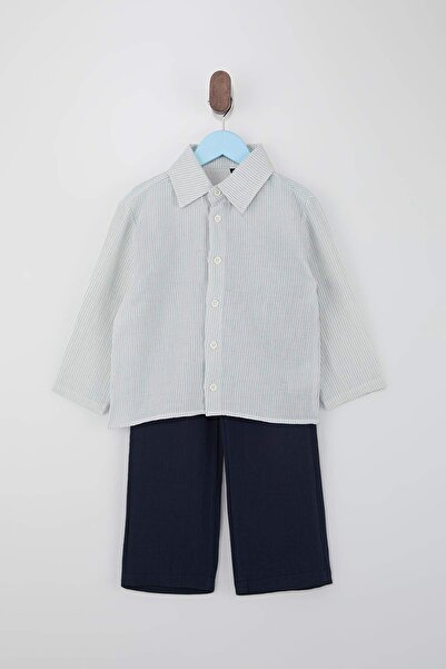 TRENDYOLKIDS Blau gestreiftes gewebtes Oberteil – Unterteil-Set TKDSS26AU00023