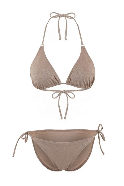 Trendyol Collection Mink Glitter Triangle Covered Buckle Regular Waist Regula...