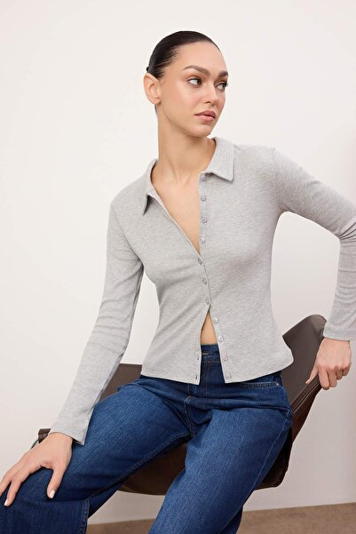 Trendyol Collection Wardrobe Essentials-Grey Melange Fitted Polo Neck Knitted...