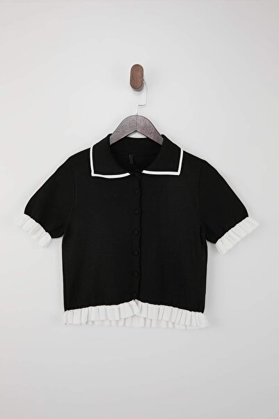 Trendyol Collection Bluză subțire din tricot, cu guler polo, negru, cu detali...