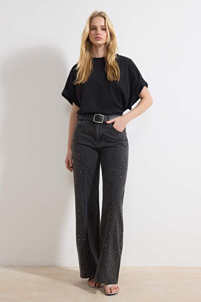 Trendyol Collection Черни дънки с висока талия, украсени с камъни, 100% памук...