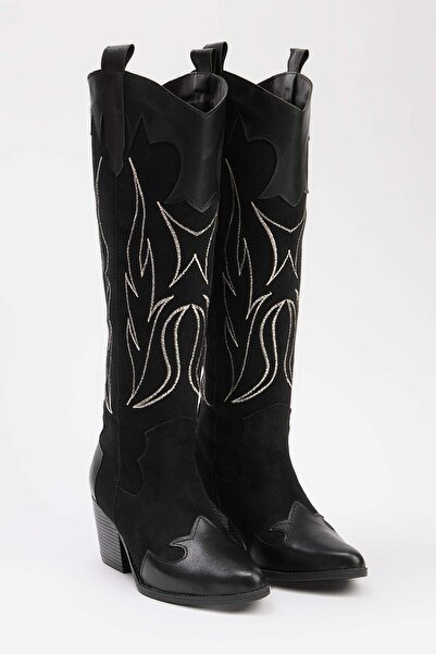 TRENDYOL SHOES Schwarze Damen-Cowboystiefel mit Stickerei-Detail TAKAW26CZ00044