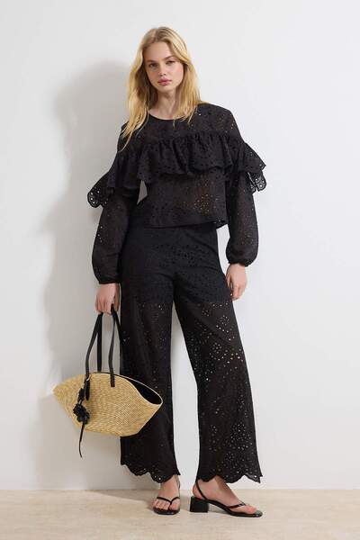 Trendyol Collection Black Ruffled Wide Fit Woven Brode Blouse Twoss26Bz00219