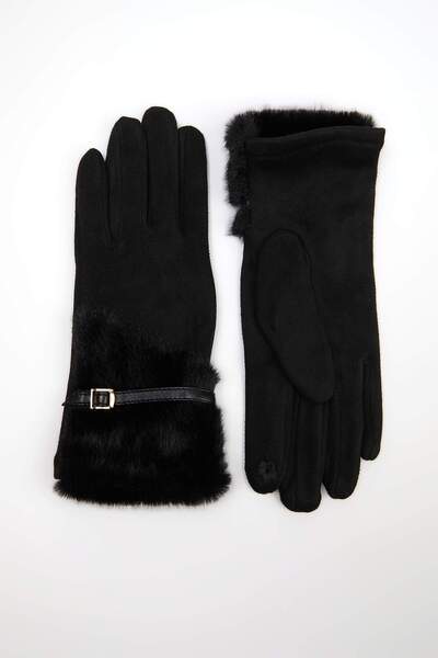 Trendyol Collection Black Faux Fur and Faux Leather Women's Gloves Twoaw26Ed0...