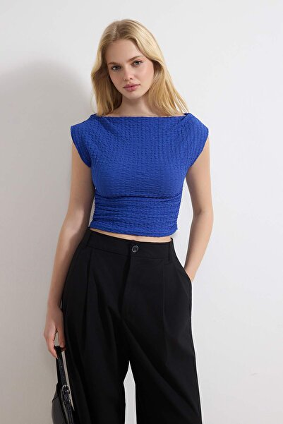 Trendyol Collection Cobalt Textured Boat Neck Shirred Sleeveless Stretchy Kni...