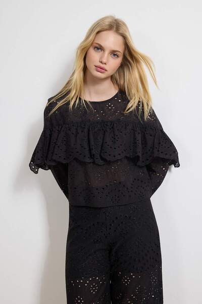 Trendyol Collection Black Ruffled Wide Fit Woven Brode Blouse Twoss26Bz00219