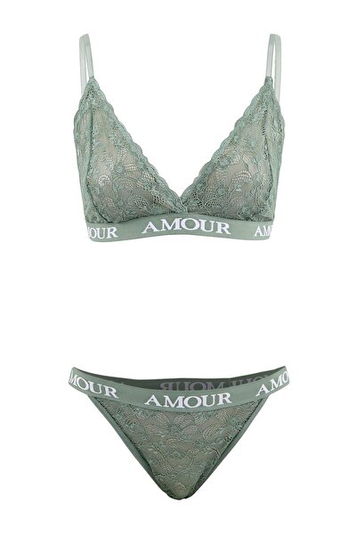 Trendyol Collection Mint Spitze bedrucktes elastisches Unterwäscheset ohne Ka...