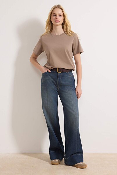 Trendyol Collection Βιζόν 100% Βαμβακερό Πλεκτό T-Shirt με Λαιμόκοψη Τύπου Cr...