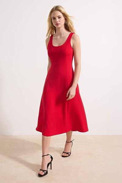 Trendyol Collection Red Straight Skirt Waist Opening Midi Woven Dress Twoss26...