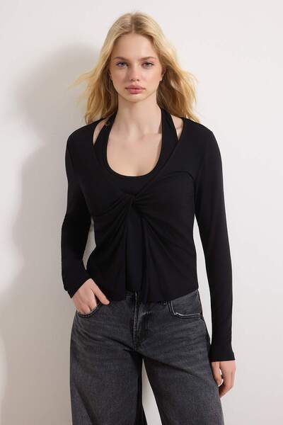 Συλλογή Trendyol Μαύρη εφαρμοστή μακρυμάνικη μπλούζα με λαιμόκοψη V, από απαλ...