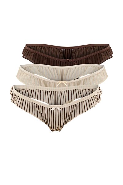 Trendyol Collection Braun-Mehrfarbiges 3er-Set gestreifte Tanga-Höschen aus T...