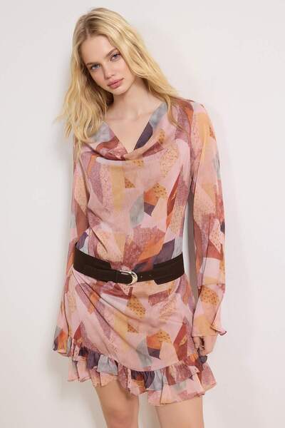 Trendyol Collection Multi-Colored Suede Belted Mini Lined Woven Dress Twoss26...