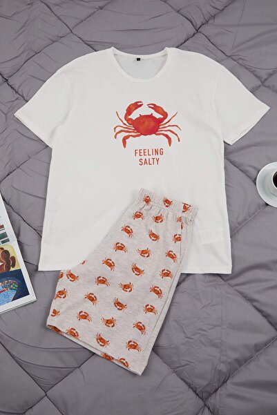 Trendyol Collection Σετ πιτζάμες από βαμβάκι Ecru Regular Fit Crab με τύπωμα ...