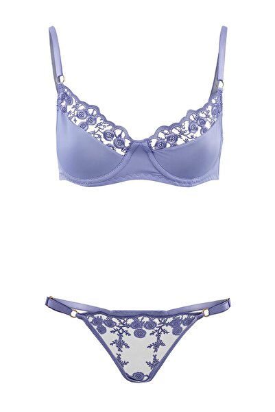 Trendyol Collection Lila Spitzen-Unterwäscheset mit Herzdetail und Blumenmust...