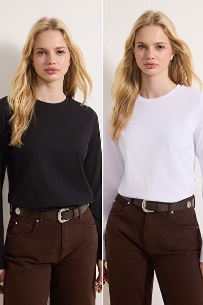 Trendyol Collection Schwarz-weißes 2er-Pack – Strick-T-Shirt mit Rundhalsauss...