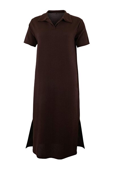 Trendyol Curve Καφέ φόρεμα με λαιμόκοψη πόλο/κανονική εφαρμογή, μίντι, ελαστι...