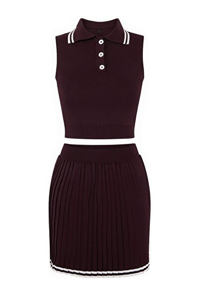 Trendyol Collection Burgundy Polo Neck Pleated Skirted Bottom-Top Set Twoss24...