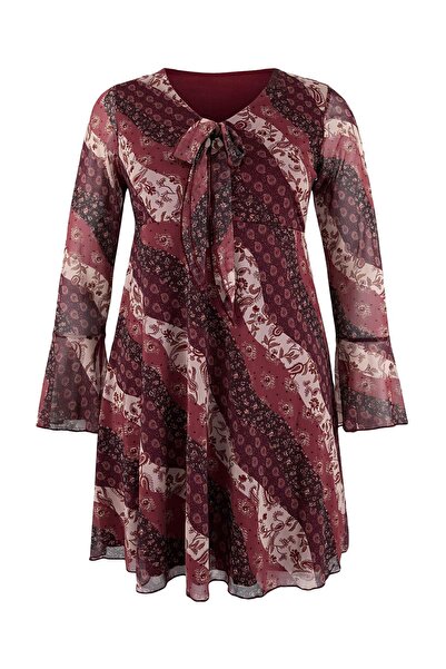 Trendyol Curve Burgundy V-Neck Floral Pattern Tulle Knitted Plus Size Dress T...