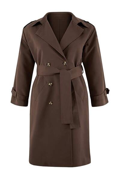 Trendyol Curve Brown Long Oversize Plus Size Trench Coat Tbbss25Bm00002