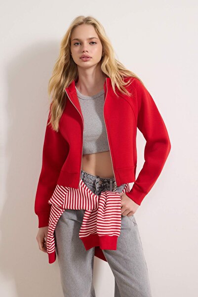 Trendyol Collection Red Regular Mold Crop cu fermoar cu glugă cu fleece gros ...