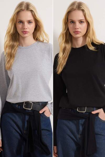 Trendyol Collection Schwarz-Grau 2er-Pack - T-Shirt mit Rundhalsausschnitt, 1...