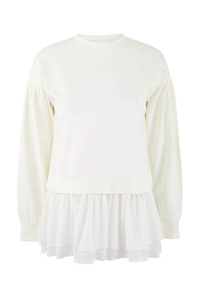 Trendyol Modest Ecru Oversize-Interlock-Rock mit geradem Strickmuster und Rüs...