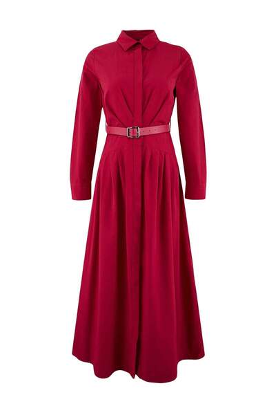 Trendyol Modest Fuşya Deri Kemerli Eteği Pliseli Maxi Pamuklu Dokuma Tesettür...