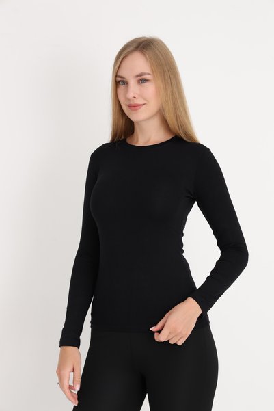MissKATRE Women's Black Long Sleeve Crew Neck Basic Body Slim Fit Lycra Flexible Viscose Daily Blouse