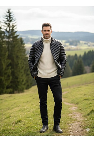 ABA GİYİM ERKEK PARLAK SİYAH DERİ GÖRÜNÜMLÜ ŞİŞME MONT G45811M1000