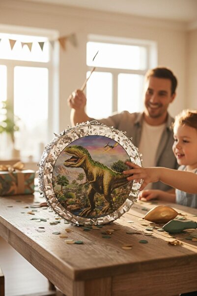 Cadde Süs Dinazor temalı eğlenceli pinyata ve sopası, çocuklar için ideal par...