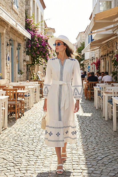 Lela Βαμβακερό κανονικό φόρεμα με μανίκια με κεντητό μακρύ φόρεμα 676202