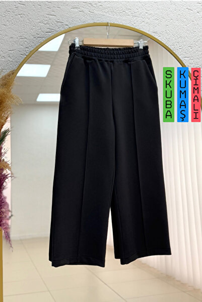 FEVİLLE Women's Black Wide-Leg Striped Scuba Fabric Trousers