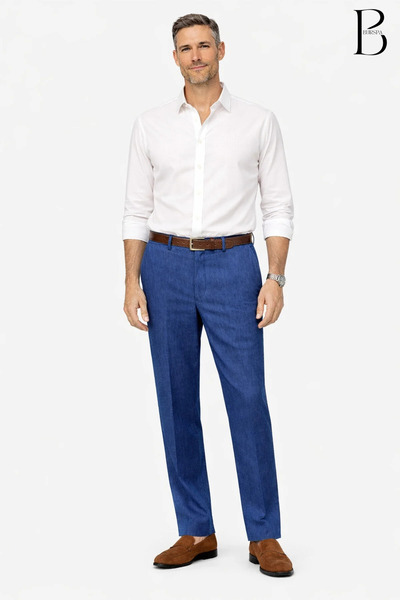 BURSPA Opušteni kroj, pamučne lanene tamnoplave muške pantalone