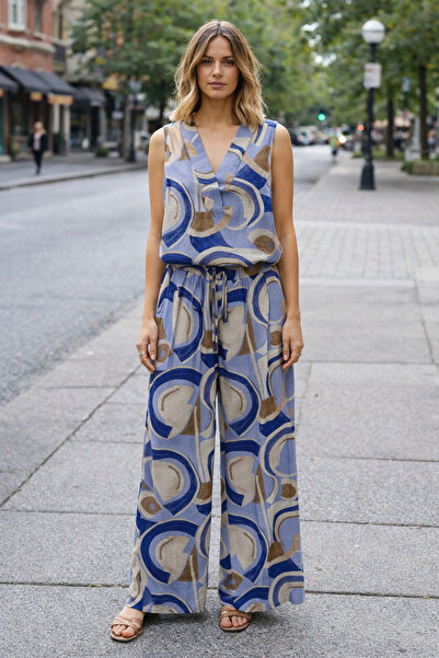 AYHAN Set bluză și pantaloni din in, cu decolteu în V