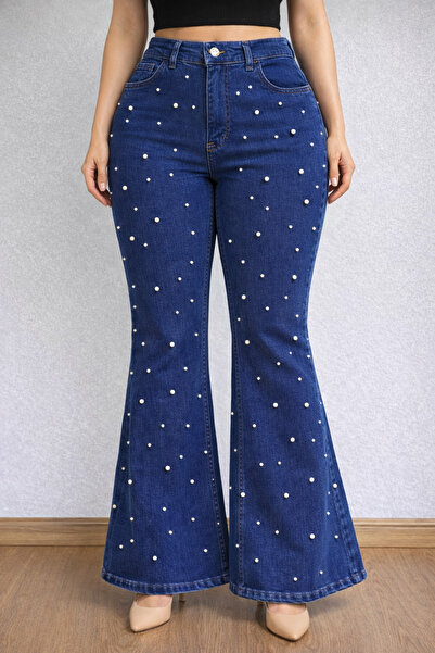 nd jeans Pantaloni de damă cu detalii premium perlate Y talie înaltă L materi...