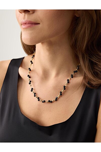 Jimmy Key Siyah İnci Detaylı Altın Kaplama Ayarlanabilir Kolye