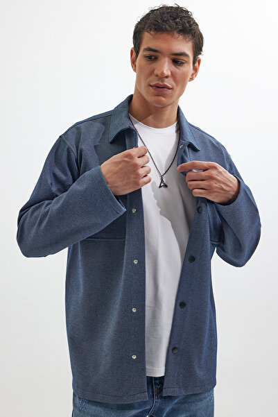 Tudors Erkek Relax Fit Rahat Kesim Çift Cepli Örme Lacivert Apaş Yaka Gömlek