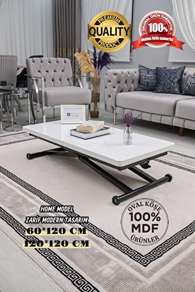 SEHPAM AKILLI Akıllı Sehpa Home Üst Tabla Mdf Beyaz Oval Köşe Alt Mekanizma S...