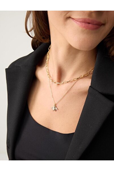 Jimmy Key Altın Rengi Arı Figürlü İkili Zincir Kolye