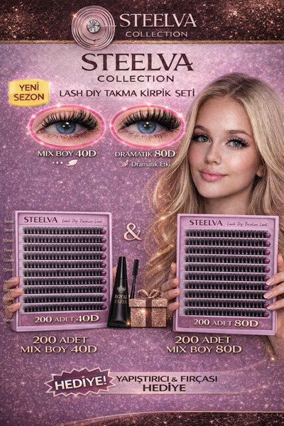 STEELVA 400 Adet Takma Kirpik Kalın Kıvrımlı Kedi Gözü Modeli 40D & 80D