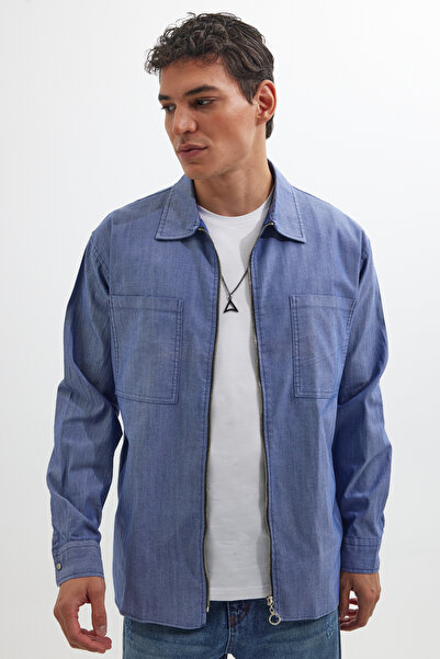 Tudors Relax Fit Uzun Kollu Denim Kot Parça Boyalı Çift Cep Fermuarlı Mavi Gö...