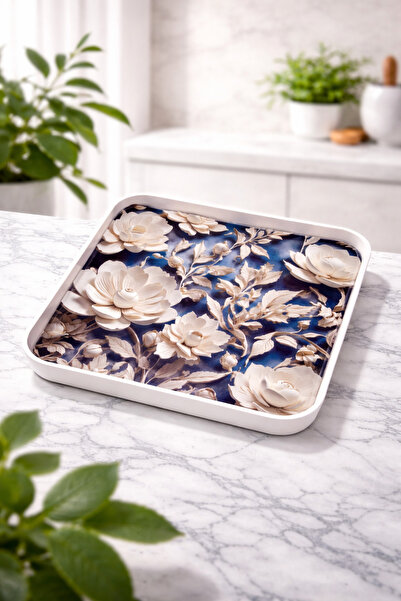Blackstar Beyaz Çiçek Desenli Servis Tepsisi Kare Büyük Boy