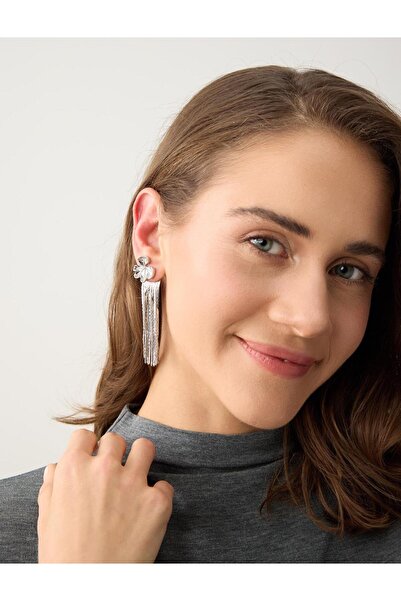 Jimmy Key Gümüş Rengi Yaprak Figürlü Sallantılı Küpe