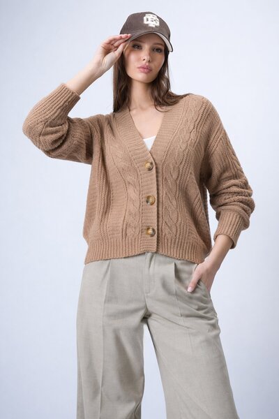 VAGGON Плетен кардиган с V-образно деколте, коса с плитки и балонни ръкави