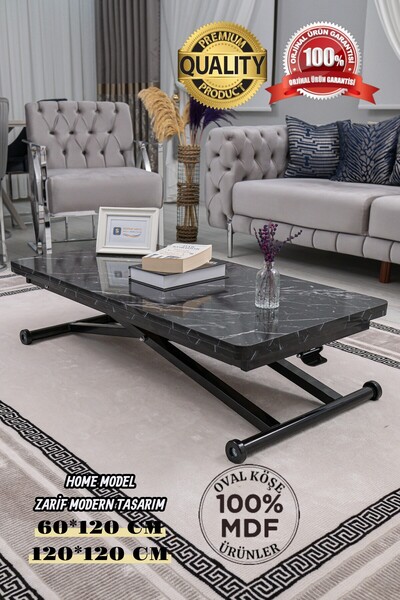 SEHPAM AKILLI Akıllı Sehpa Home Üst Tabla Mdf Siyah Mermer Oval Köşe Alt Meka...