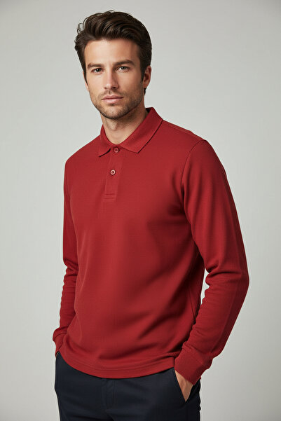 Çapıt 100% βαμβακερό γιακά πόλο μακρυμάνικο κόκκινο σχολικό/καθημερινό μπλουζάκι