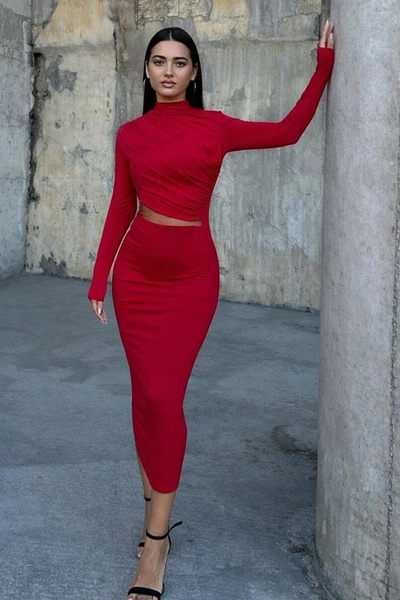 NDN STORE Rochie midi din tul elastic, decoltată, cu guler înalt, mânecă lung...