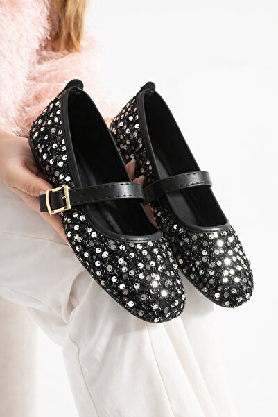 STOCON Balerini Mary Jane cu paiete argintii, cu cataramă elegantă, talpă ort...